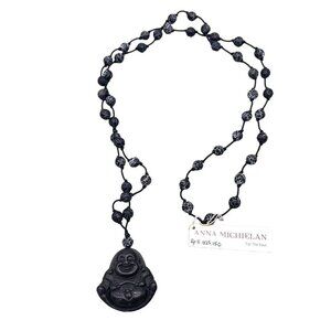 Anna Michielan Obsidian Pendant Agate Beads Cord Necklace 35"